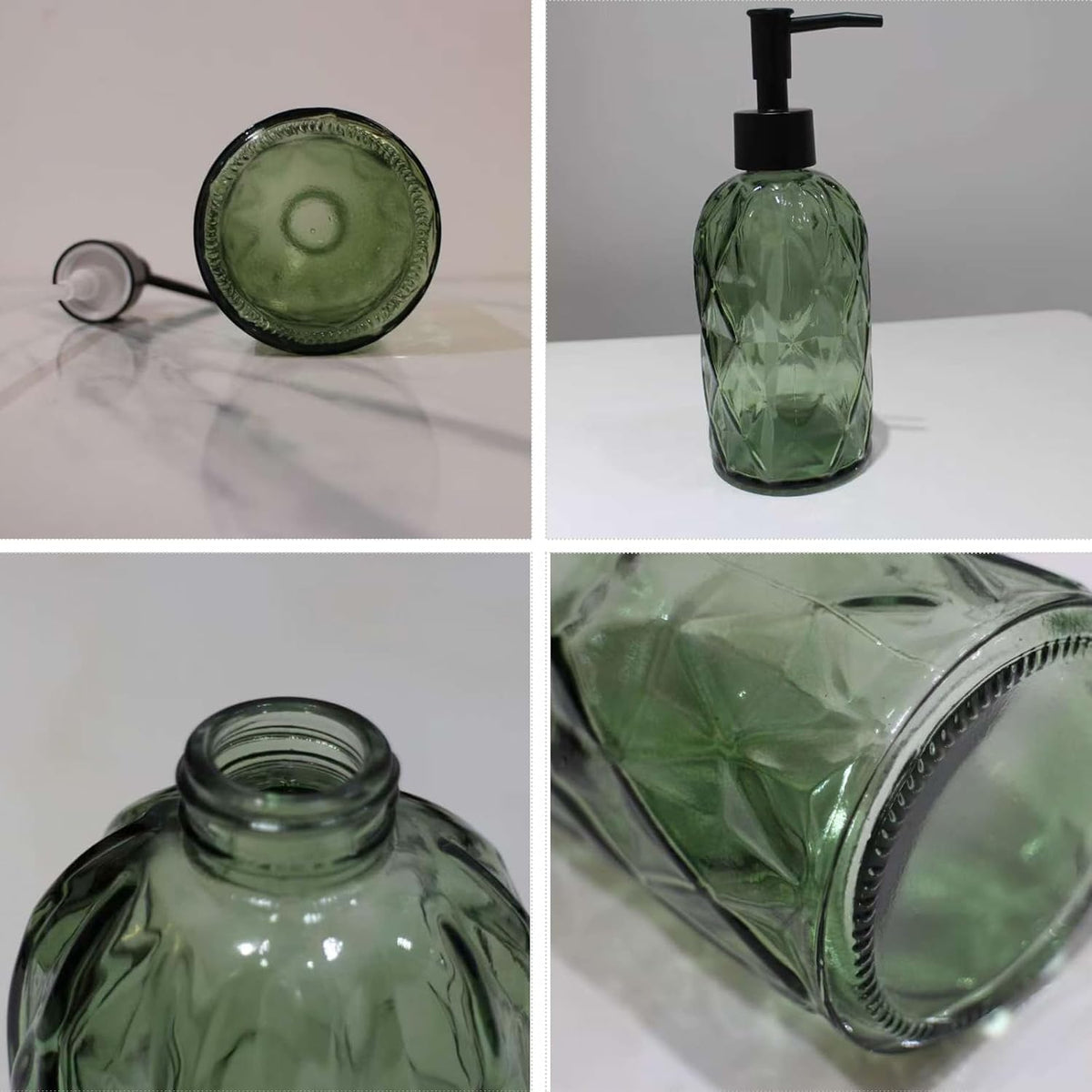 Green Glass Soap Dispenser with Black Plastic Pump, 12Oz Bathroom Clear Liquid Lotion Bottles