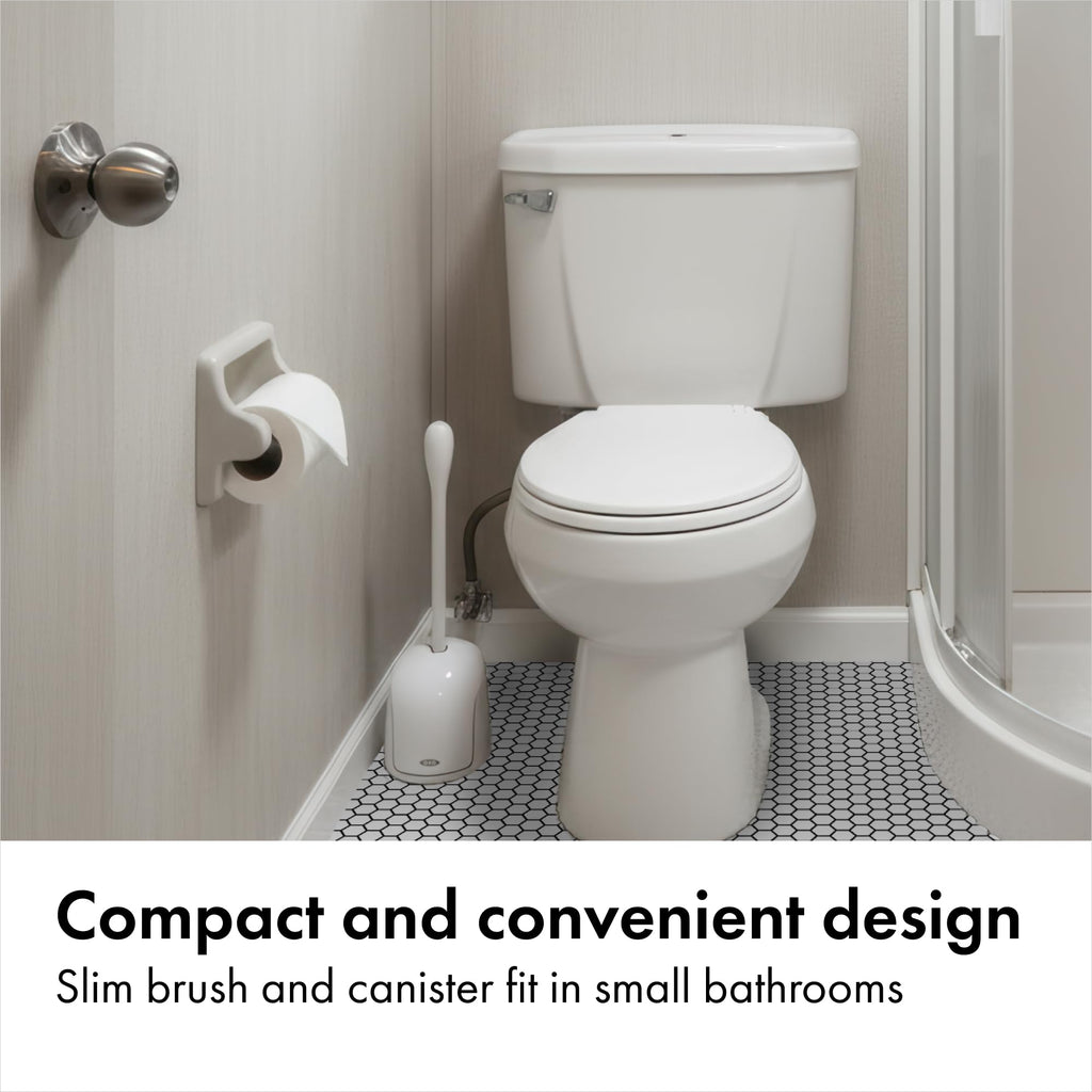 OXO Toilet Brush & Holder Set, Covered Canister, Auto-Open Lid, Compact Design for Small Bathrooms