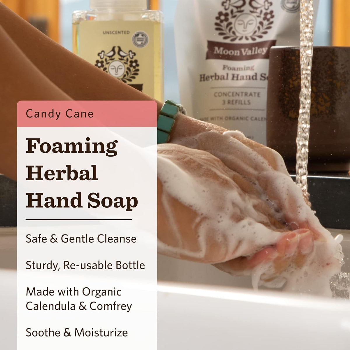 Moon Valley Herbal Foaming Hand Soap, Vegan (Candy Cane, Recyclable Bottle)