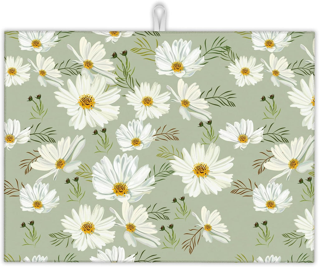 White Daisy Flowers Dish Drying Rack Mat for Kitchen Counter, Dish Drying Pad Absorbent Reversible