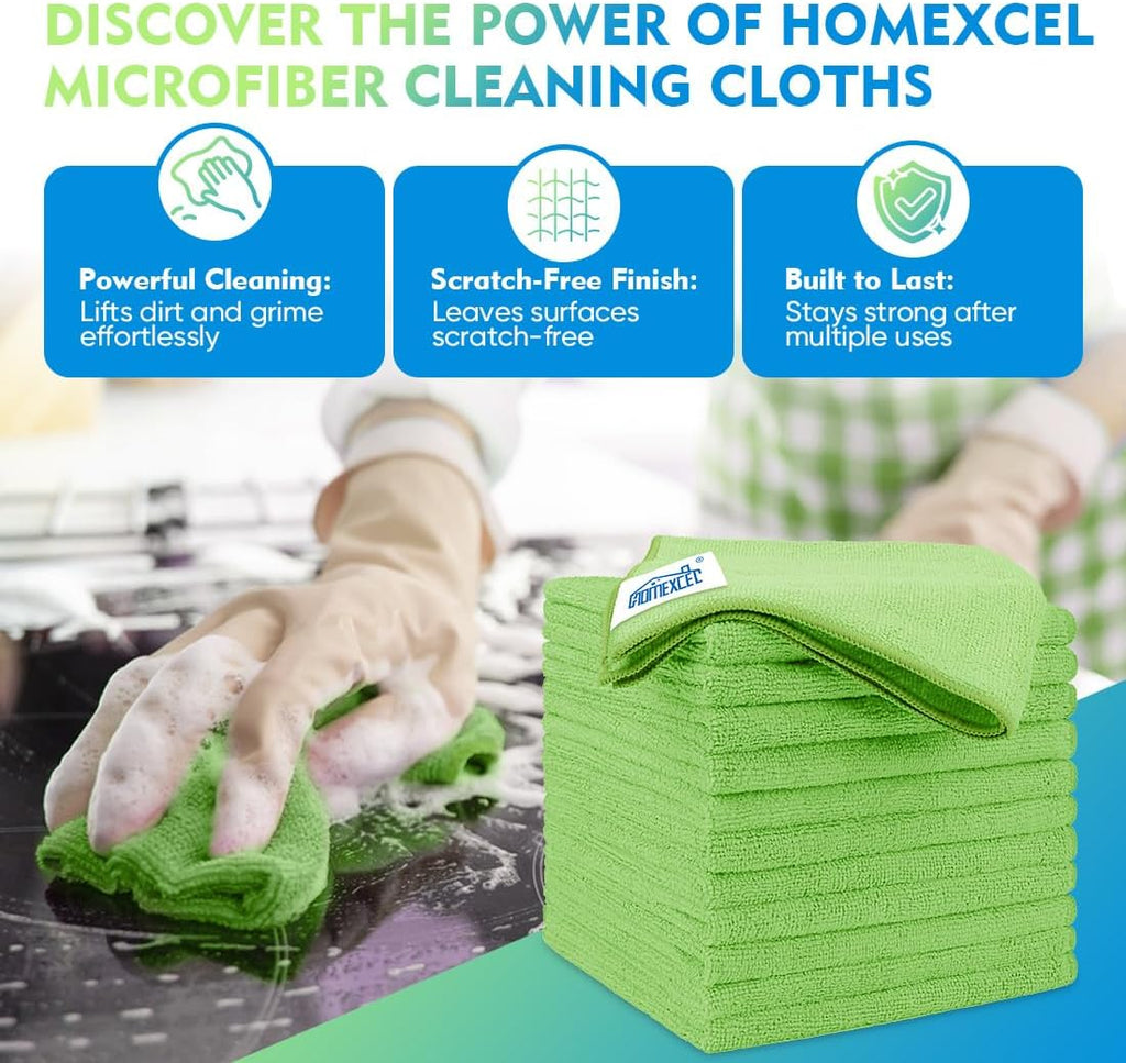 HOMEXCEL Green Microfiber Cleaning Cloth 12 Pack, 12.5 x 12.5 inch Microfiber Towels for Cars