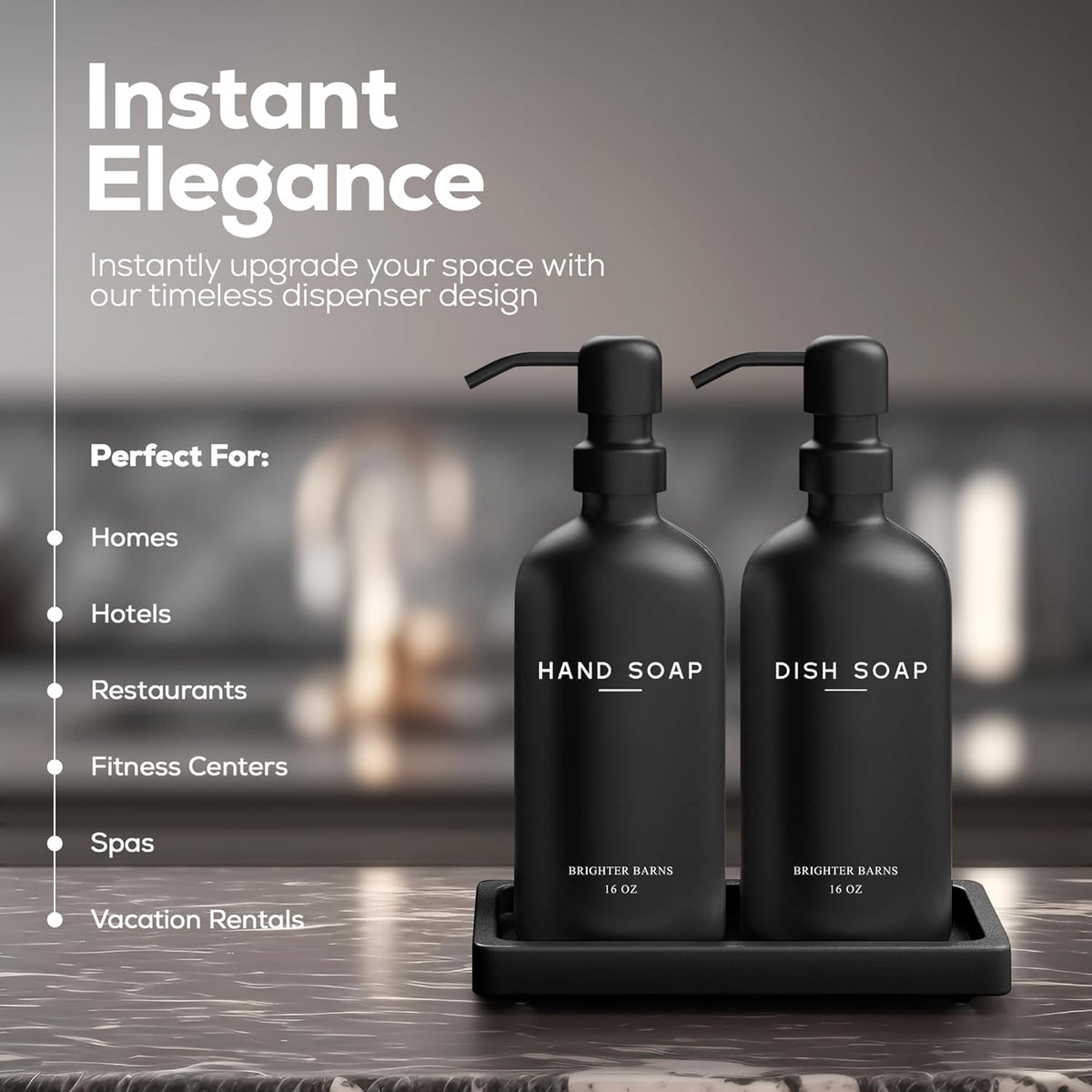 Black Glass Hand and Dish Soap Dispenser Set by Brighter Barns - Kitchen Soap Dispenser Set with