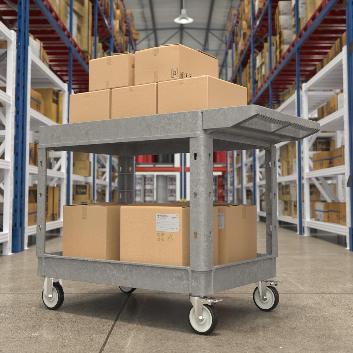 Heavy Duty Flat Top Utility Cart with Wheels 2-Tier Utility Plastic Service Work Cart for Shop