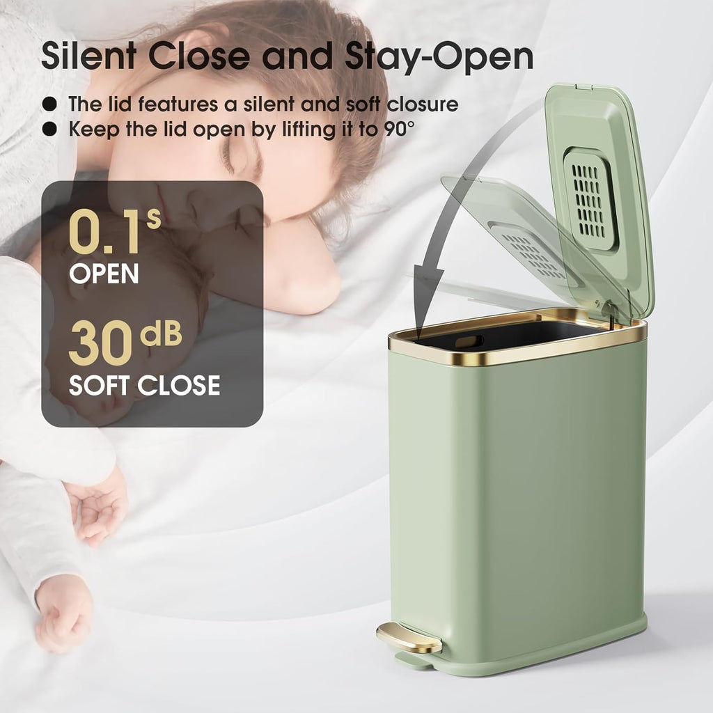 CEROELDA Small Bathroom Trash Can with Lid Soft Close-5L/1.3 Gal Slim Garbage Can-Metal Step