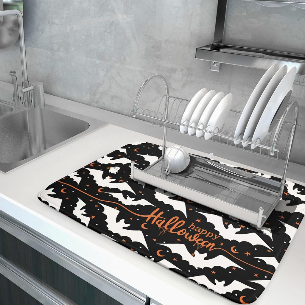 Halloween Drying Mats for Kitchen Counter 18”x24” Happy Halloween Spooky Bat Dishes Pad Microfiber