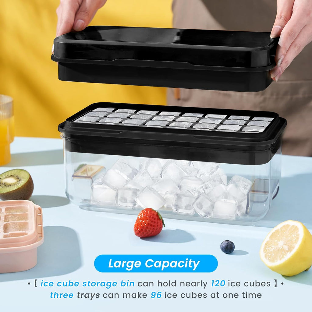 PHINOX Ice Cube Tray with Lid and Bin, 3 Pack Plastic Ice Cube Tray Molds, 96(4*8*3) pcs Ice Trays