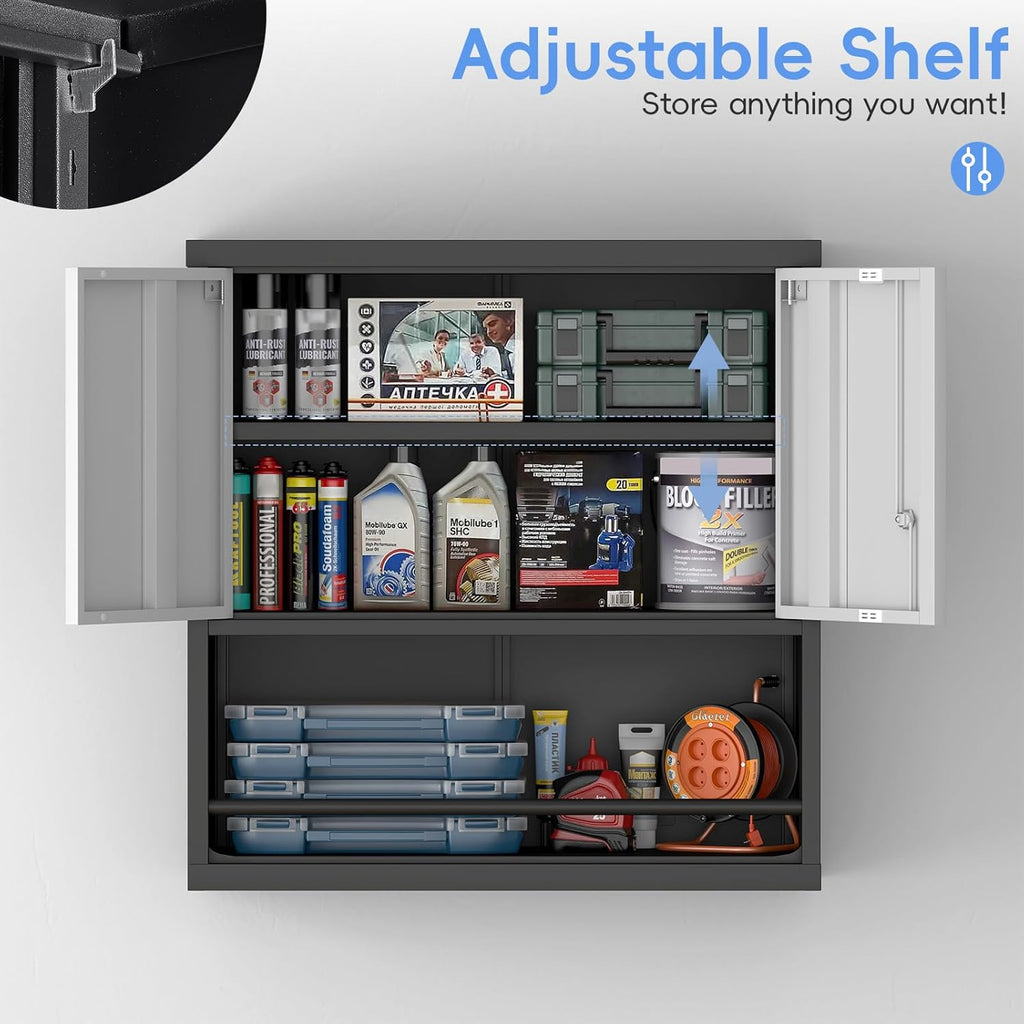 Metal Garage Cabinets, Lockable Storage Cabinet, Metal Cabinet with Open Storage, Upper Tool