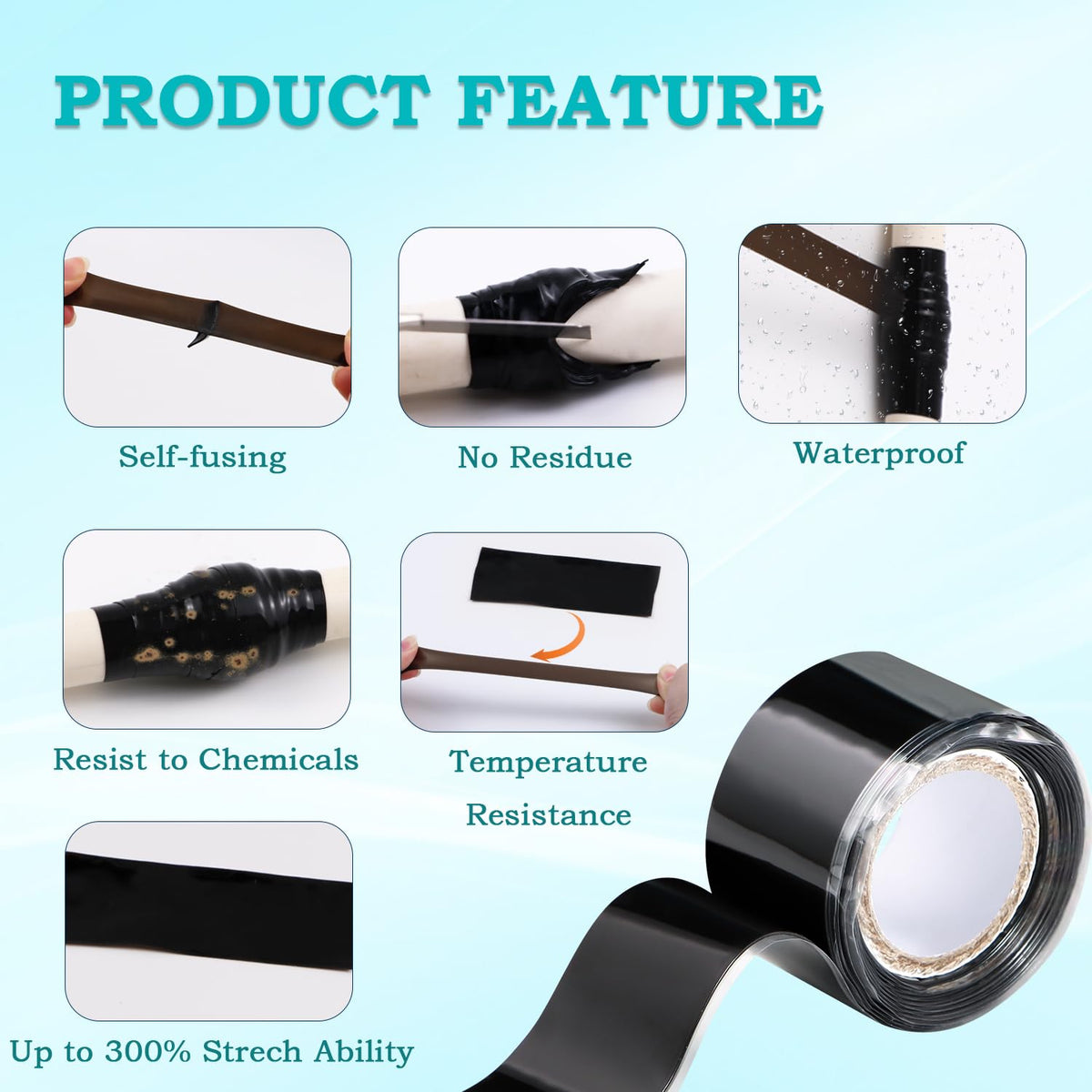 Self Fusing Silicone Tape 2 Rolls 1 in x 5' Black Waterproof Rubber Leak Proof Sealing Rubber