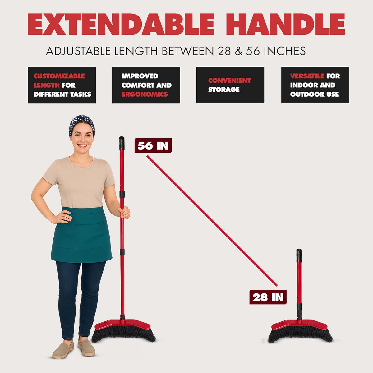 Da Vinci Curved Angle Broom 1pc - Sturdy Wide Broom for Indoor/Outdoor Sweeping, Heavy Duty Steel