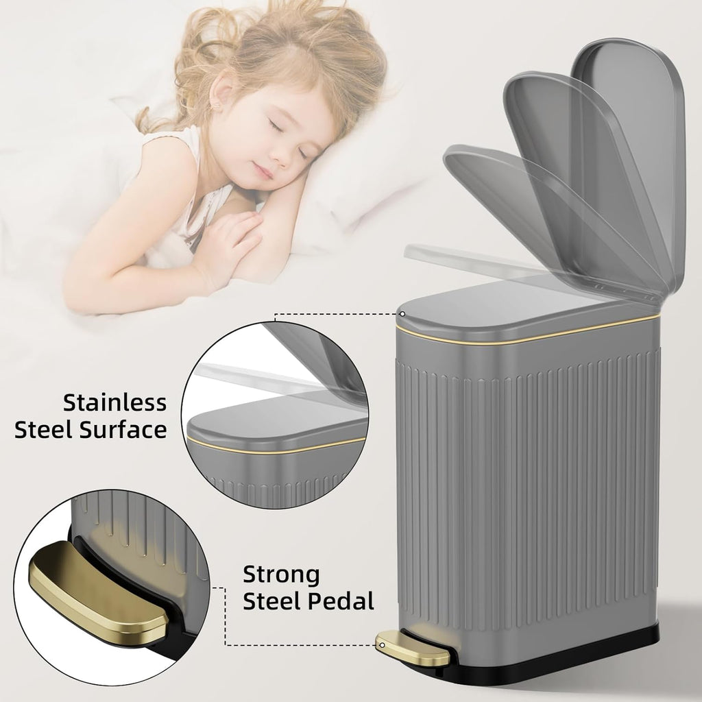 KUK Slim Bathroom Trash Can with Lid, 2.6 Gallon (10 L) Stainless Steel Step Small Garbage Can with