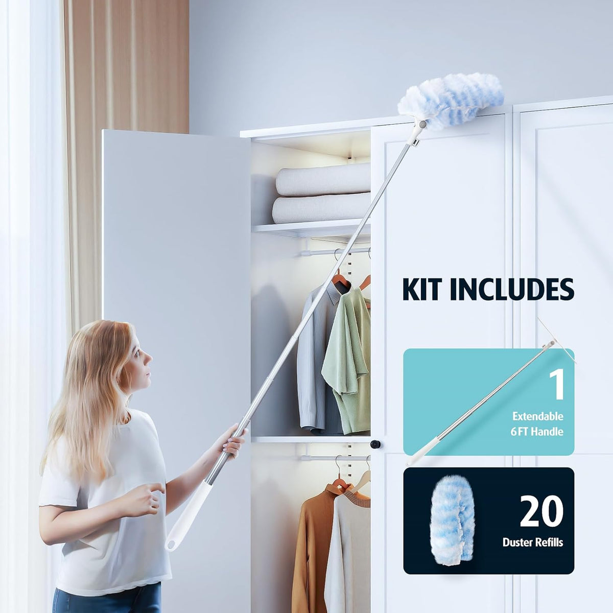 6 ft Extendable Duster Handle with 20 Pcs, Compatible with Swiffer, Disposable Microfiber Dusting