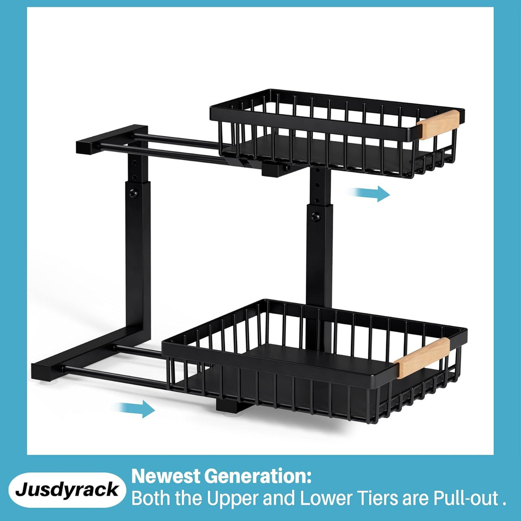 Under Sink Organizer,2 Packs 2 Tier Sliding Pull Out Cabinet Storage Shelf, Metal Drawer for