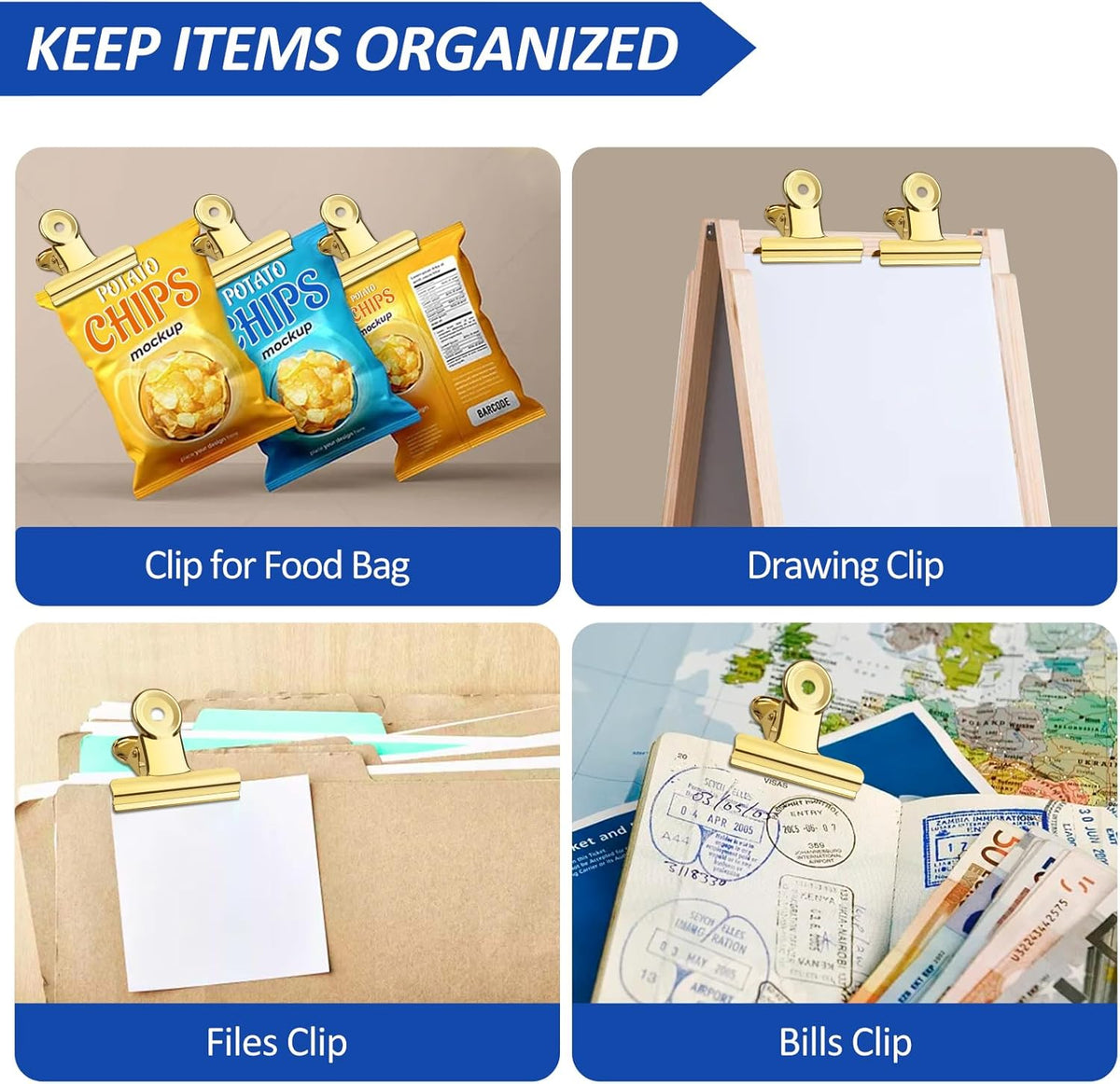 20 Pack Large Metal Hinge Clips 2 Inches Bull Hinge Paper Clips Gold Bulldog Clips for Crafts