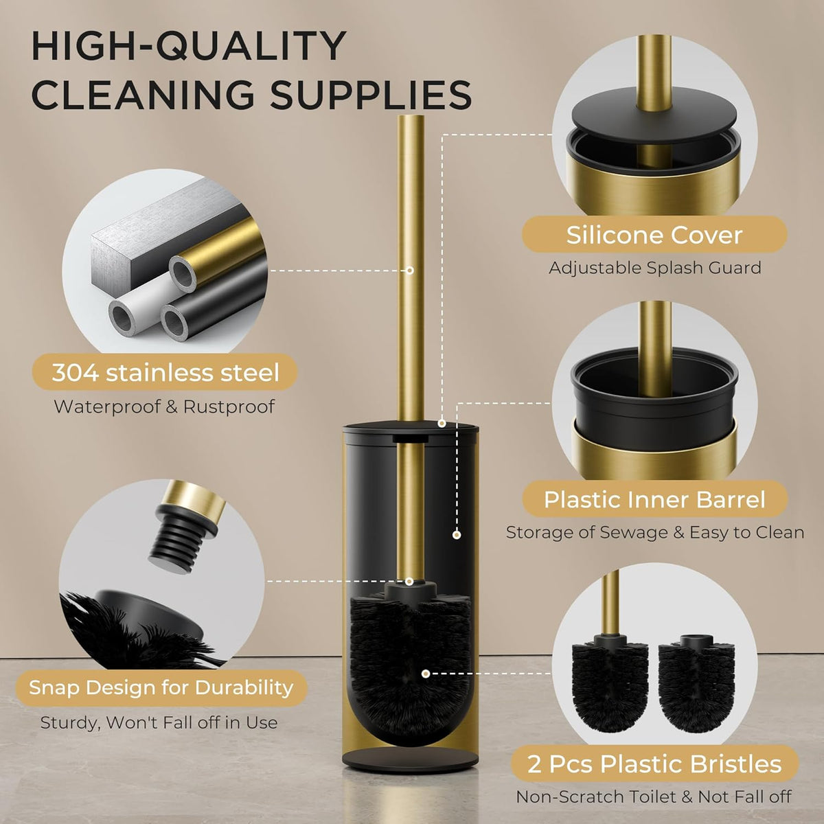 FORIOUS Toilet Brush and Holder Set, 304 Stainless Steel Long Handle and Heavy Duty Base for