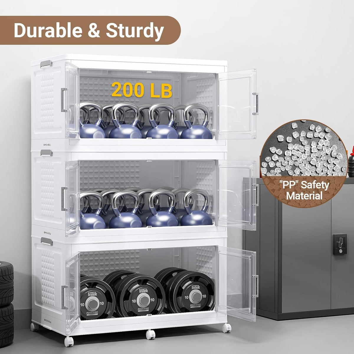 BROVIEW 800 Qt Plastic Storage Bins with Lid, Doors & Wheels, 4Pack Extra Large Stackable