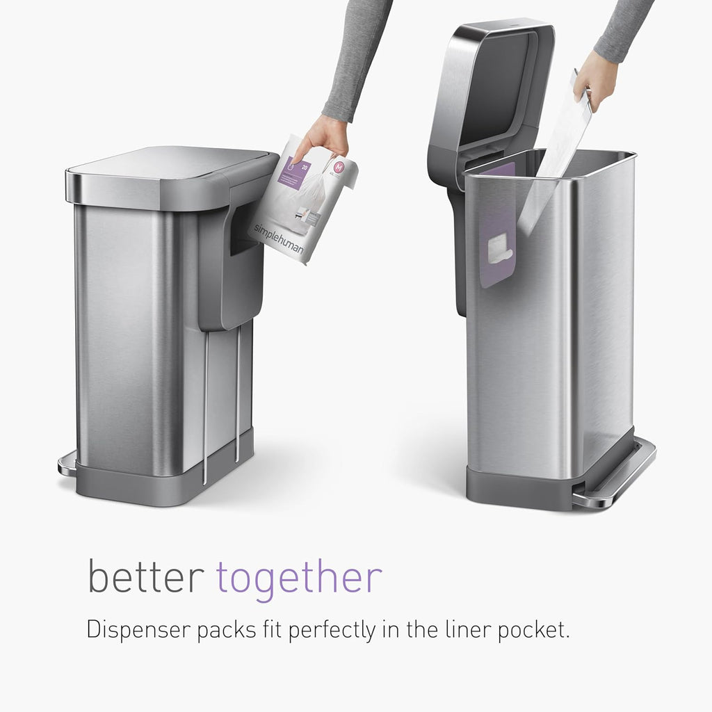 simplehuman Code H 200 Count, Dispenser Pack Custom Fit Liners, Drawstring Trash Bags, 30-35 Liter