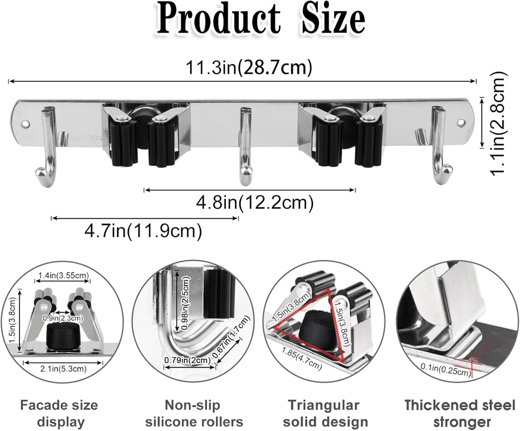 2 Racks and 3 Hooks Broom and Mop Holder Wall Mounted Garage Organizer Storage Tool Racks Stainless