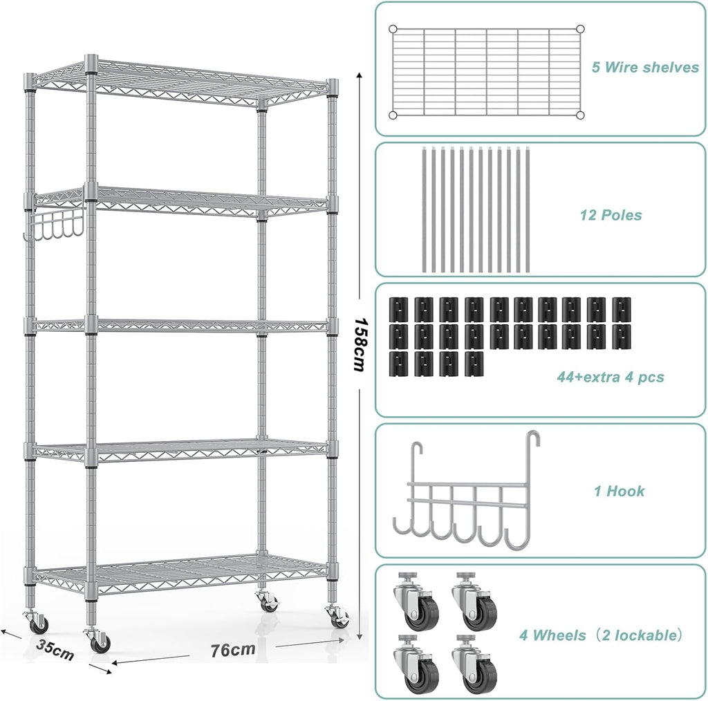Himimi 5-Tier Storage Shelf Wire Shelving Unit on Wheels, Adjustable Heavy Duty Metal Shelves with
