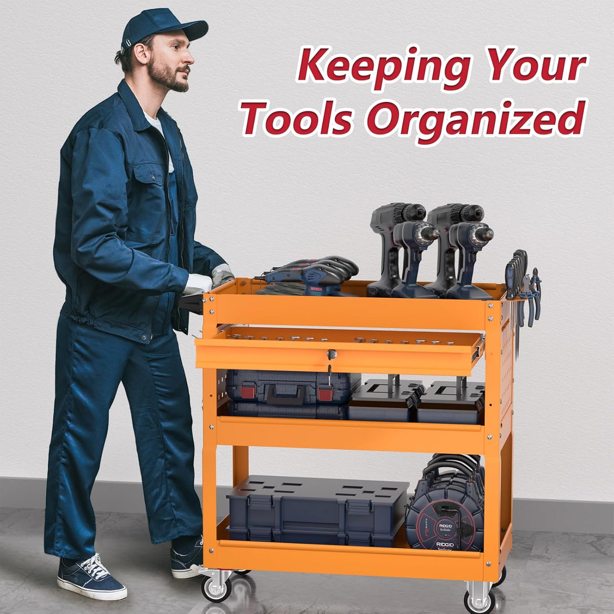 3 Tier Rolling Tool Cart on Wheels, Heavy Duty Service Cart Industrial Utility Cart with Drawer and