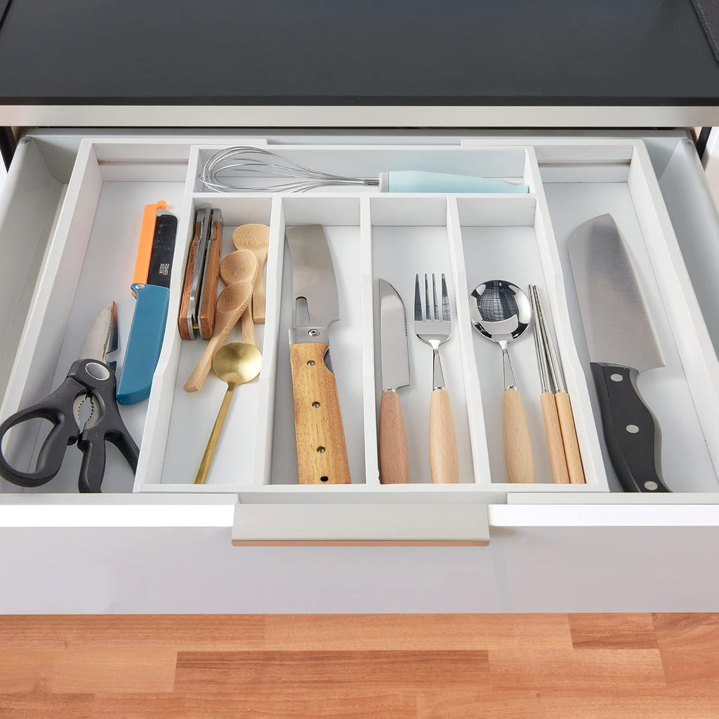 2-Piece Expandable Bamboo Kitchen Drawer Organizer for Cutlery and Utensils, Adjustable Bamboo Wood