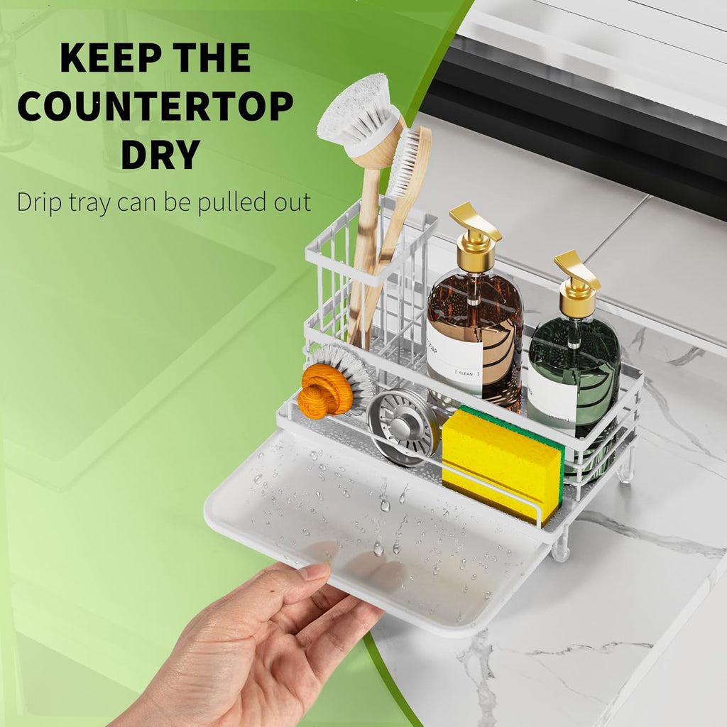Cisily Kitchen Sink Caddy Organizer, Sponge Holder, Detergent Brush Holder, Plug Storage, White