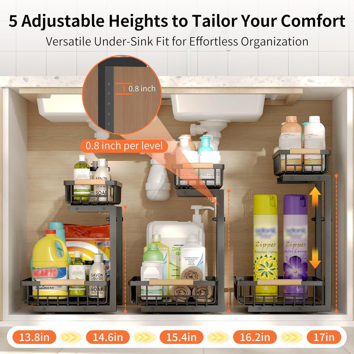 Under Sink Organizer, 2 Pack Under Sink Organizers and Storage, 2-Tier Pull Out Under Cabinet