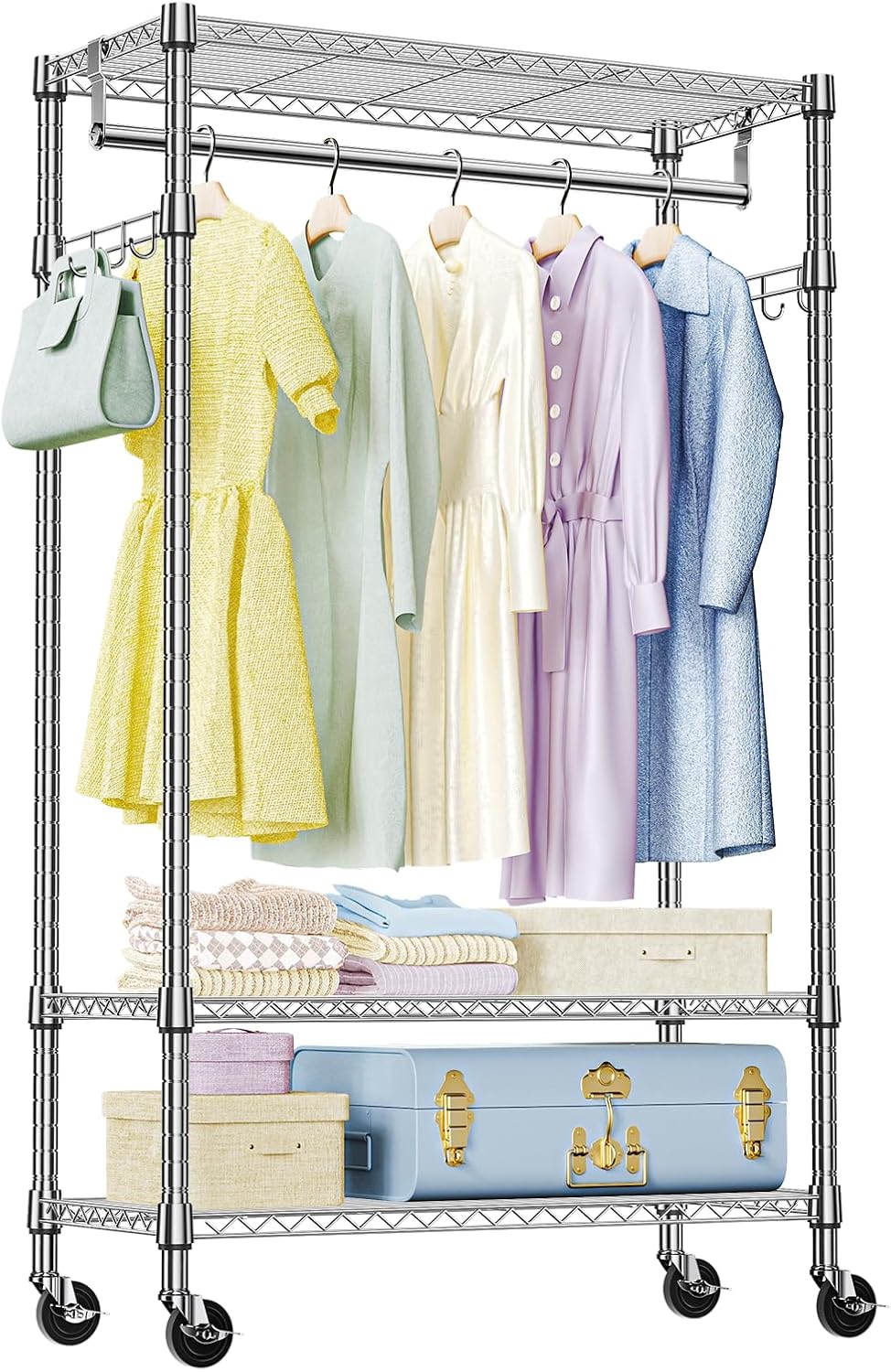 IZEUK Heavy Duty Rolling Garment Rack with 3 Adjustable Wire Shelves, Hanging Rod & Side Hooks