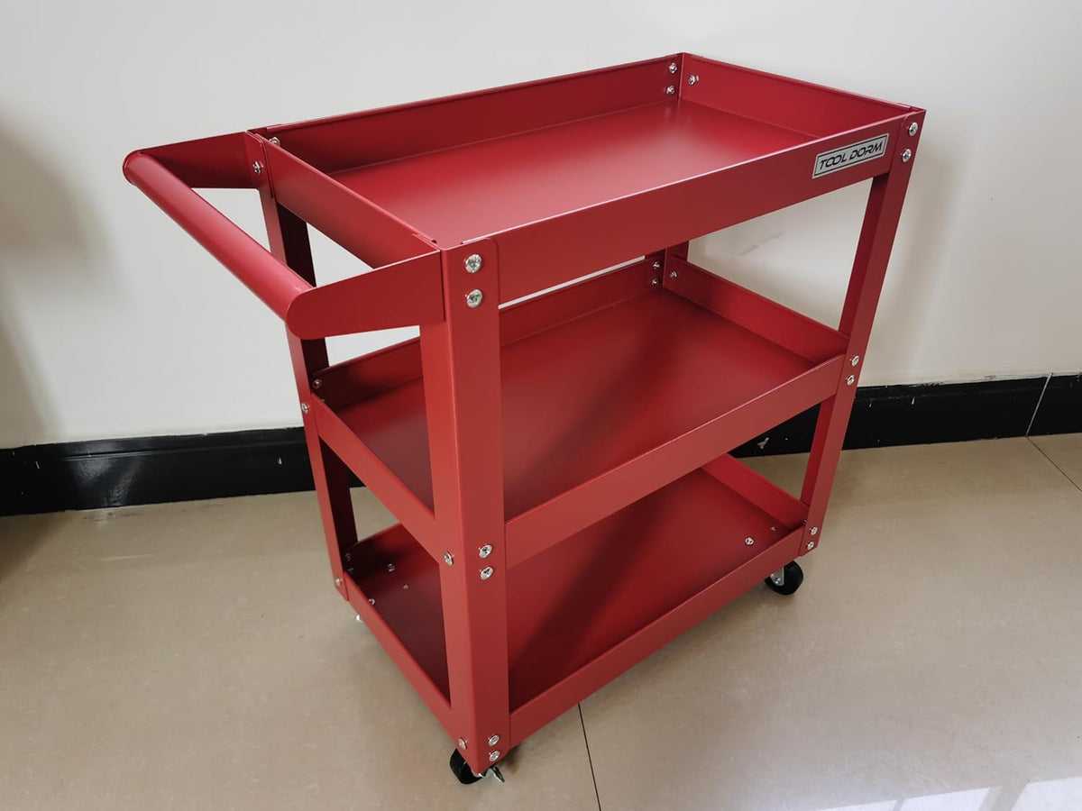 Utility Service Cart, 3 Shelf 150LBS Heavy Duty Steel Rolling Utility Cart, Medium Lipped Shelf