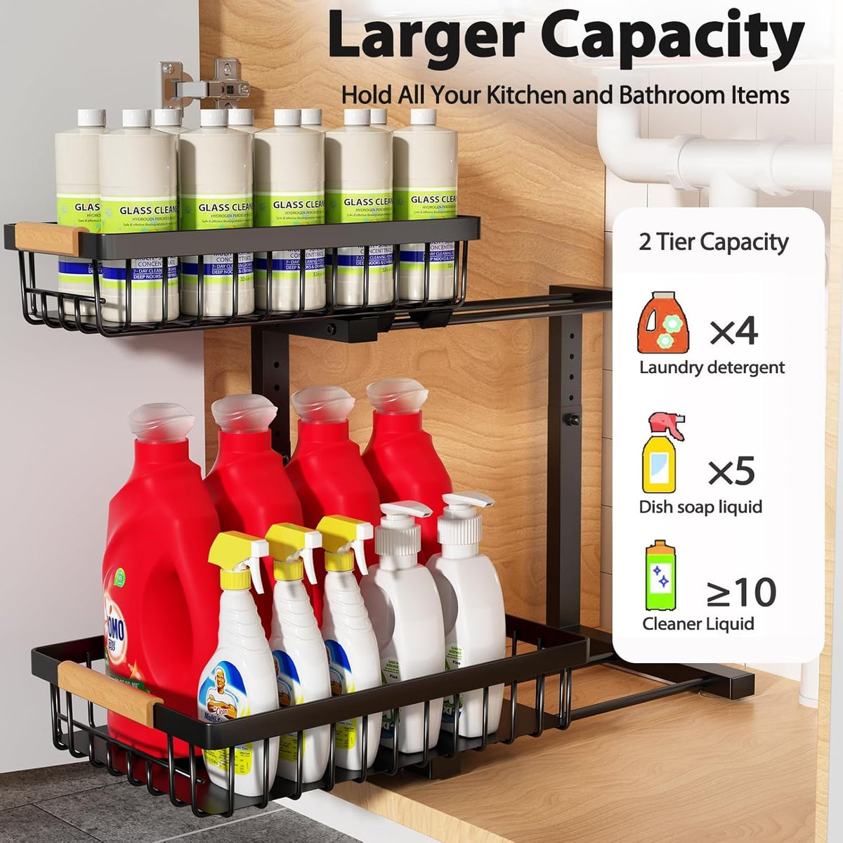 Under Sink Organizer Storage 2 Pack, 2 Tier Slide Out Height Adjustable Pull Out Cabinet Organizer