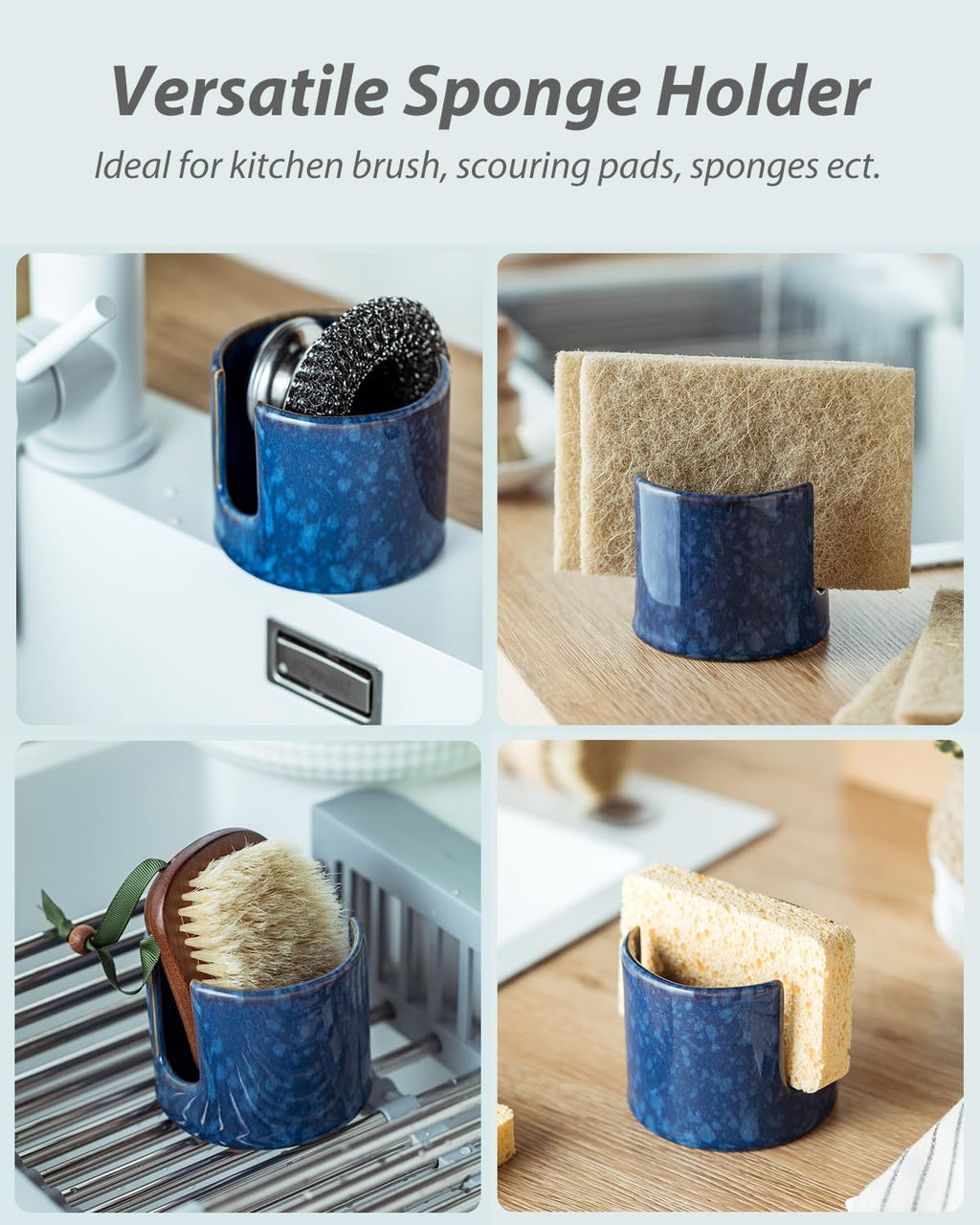 Kitchen Sponge Holder, Ceramic Sponge Organizer Scrubby Holder Sink Caddy Dish Rack for Kitchen and