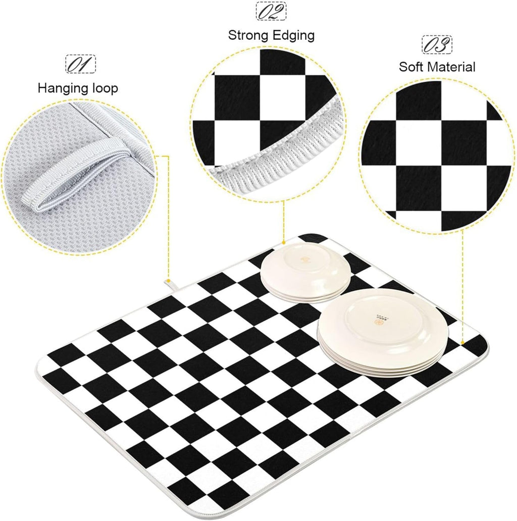 Black White Chessboard Dish Drying Mat for Kitchen Countertop 16x18 Plaid Checkered Rectangle Small