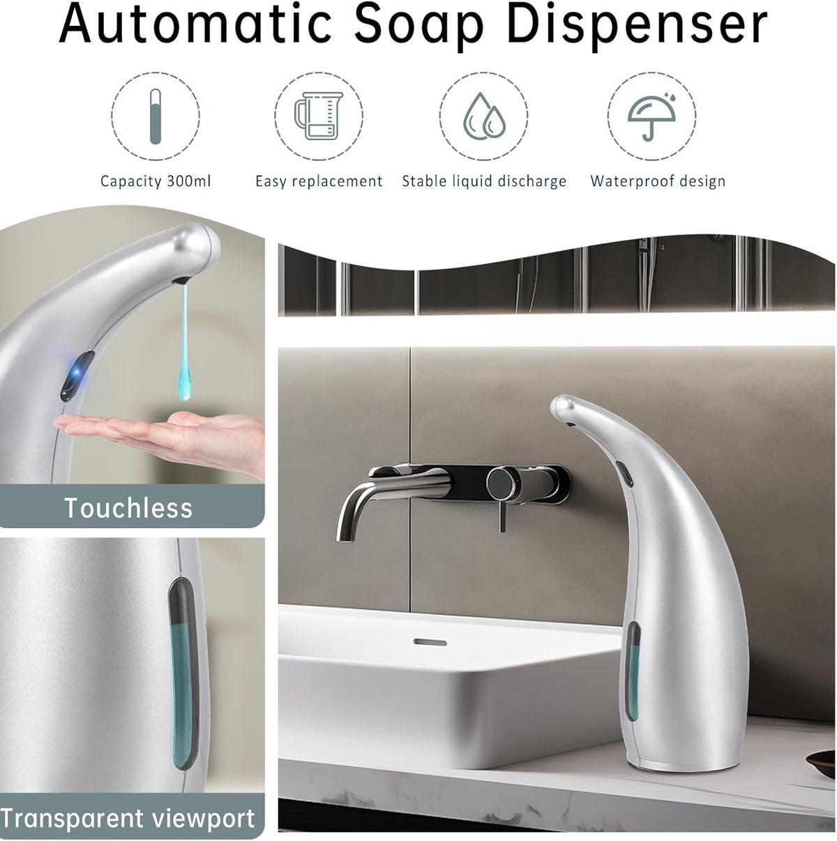 Automatic Liquid Soap Dispenser,300ML Touchless 4 Gear Adjustable, Countertop Electric Battery
