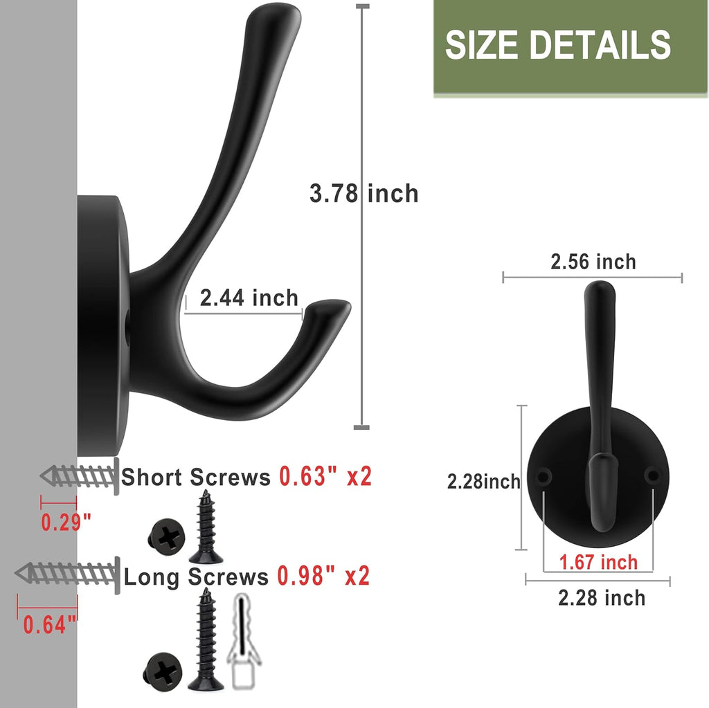 Black Wall Hooks Towel Hooks, 3 Pack Coat Hooks Robe Hook Heavy Duty Metal Double Bath Hook Wall