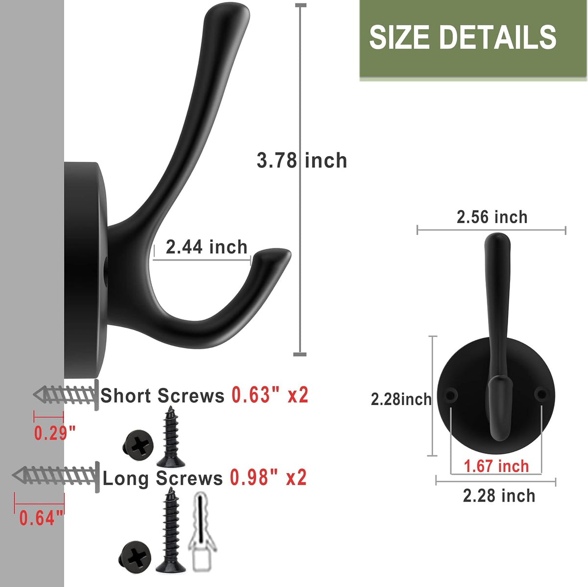 Black Wall Hooks Towel Hooks, 3 Pack Coat Hooks Robe Hook Heavy Duty Metal Double Bath Hook Wall