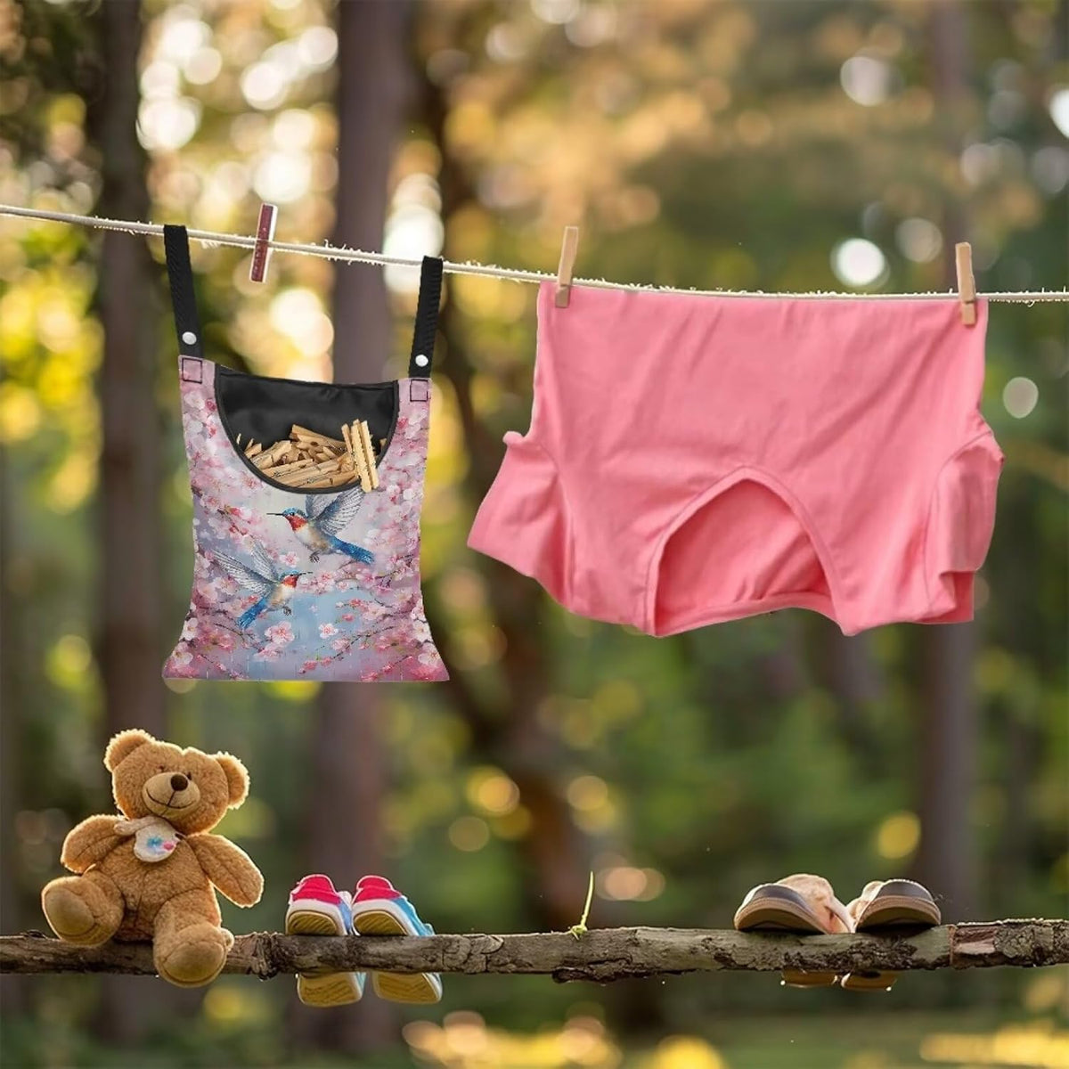 Hummingbird Clothespin Bag with Hanging Hook Cherry Blossom Clothes Pin Holder Waterproof
