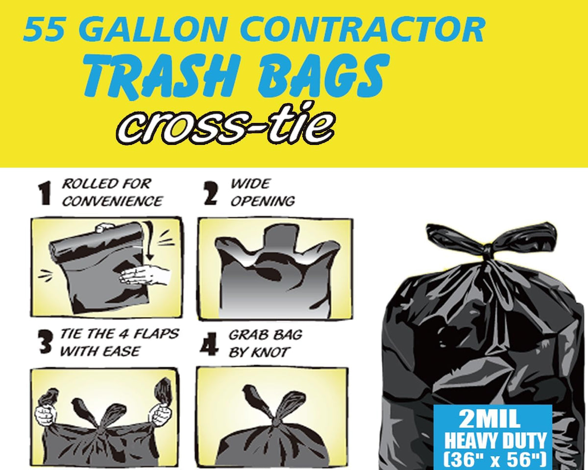 Contractor Heavy Duty Trash Bags 55 Gallon | 52 Count | 2 MIL | 36" X 56" | Large Black Flap Tie
