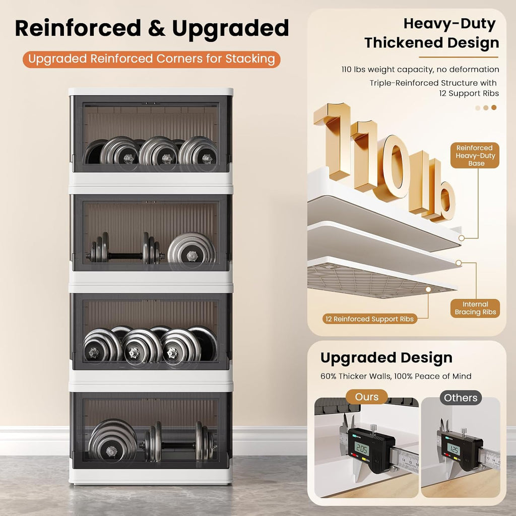 8.4Gal Collapsible Storage Bins with Lids & Wheels - 4 Pack Stackable with Doors, Heavy-Duty