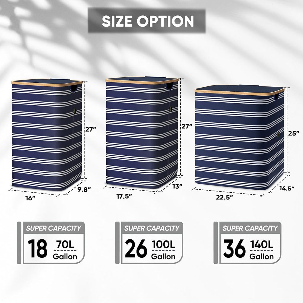 BALEINE Laundry Hamper with Lid, Tall Laundry Baskets with Bamboo Pull Handles, Large Laundry Bin