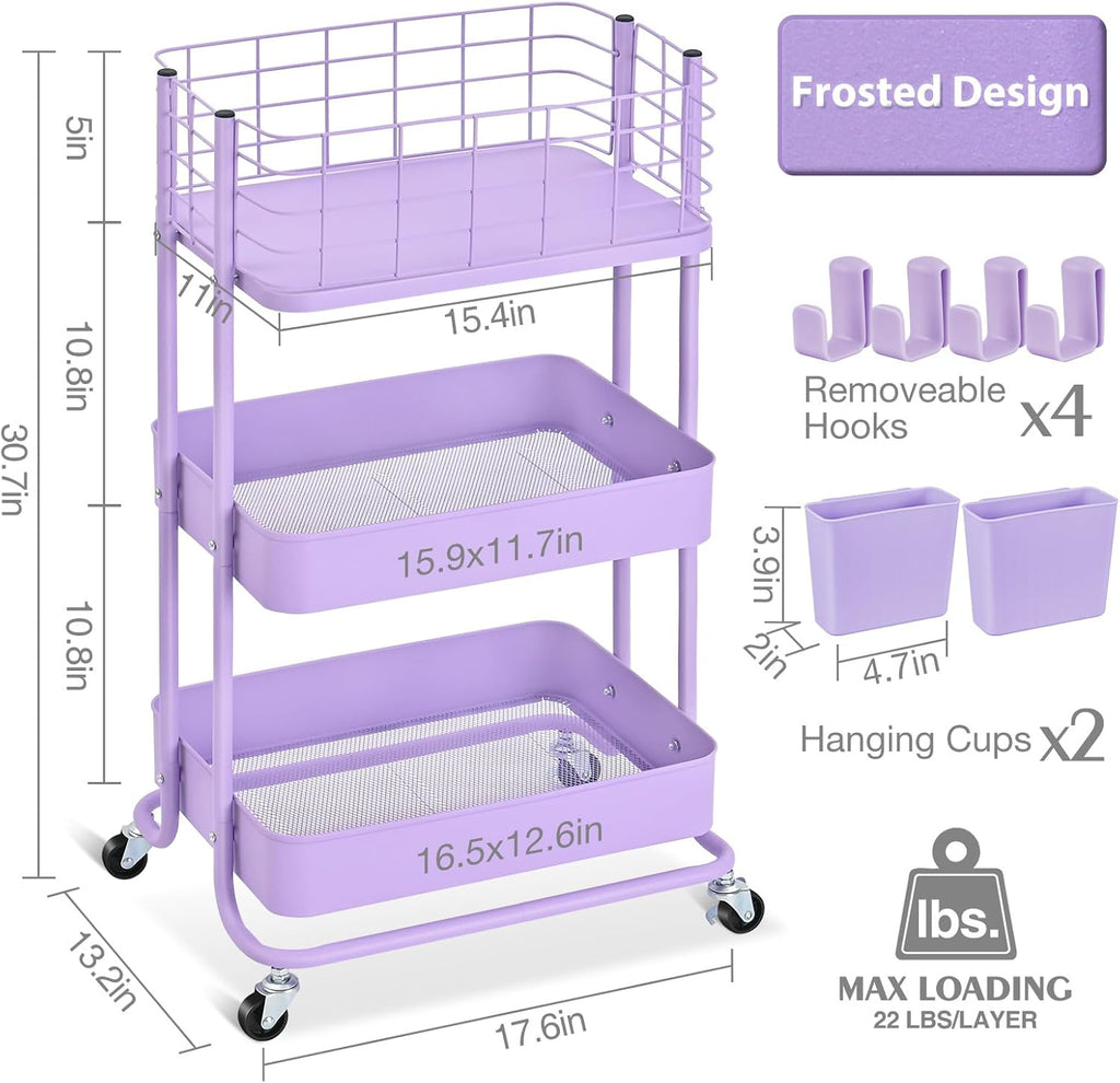 KINGRACK 3 Tier Rolling Cart, Metal Mobile Storage Shelf with Lockable Wheels, Prevent Falling