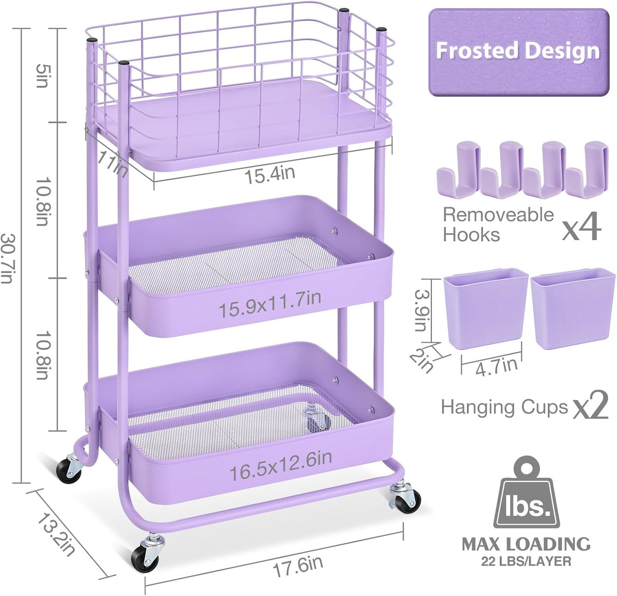 KINGRACK 3 Tier Rolling Cart, Metal Mobile Storage Shelf with Lockable Wheels, Prevent Falling