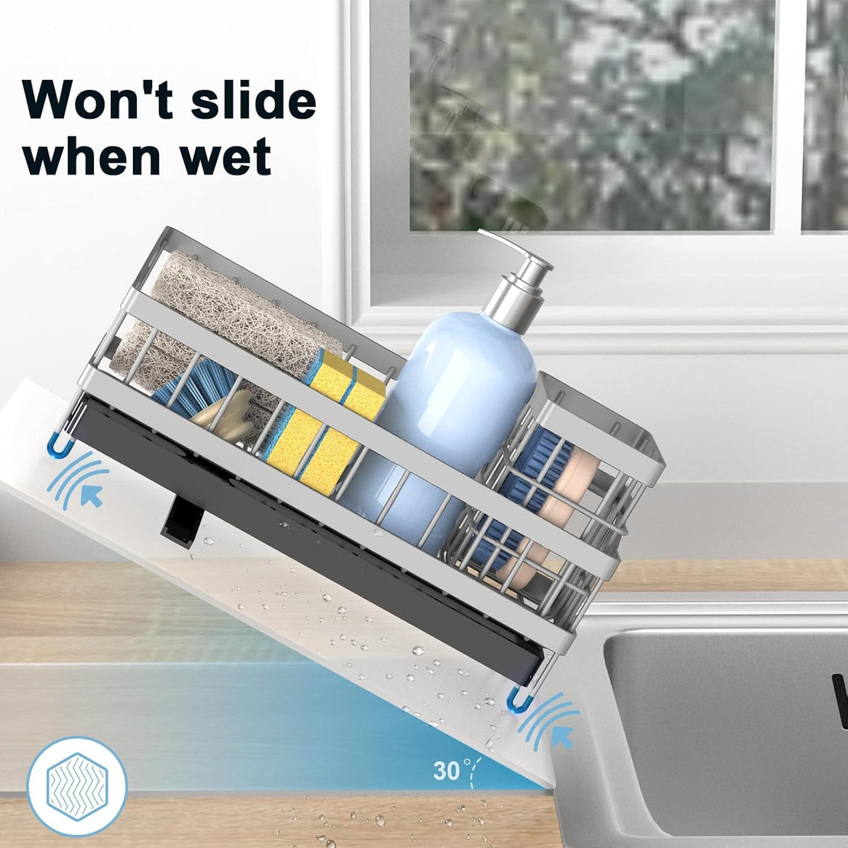 Kitchen Sink Caddy Organizer, Sponge Holder with High Brush Holder, Rustproof and Strong, anti