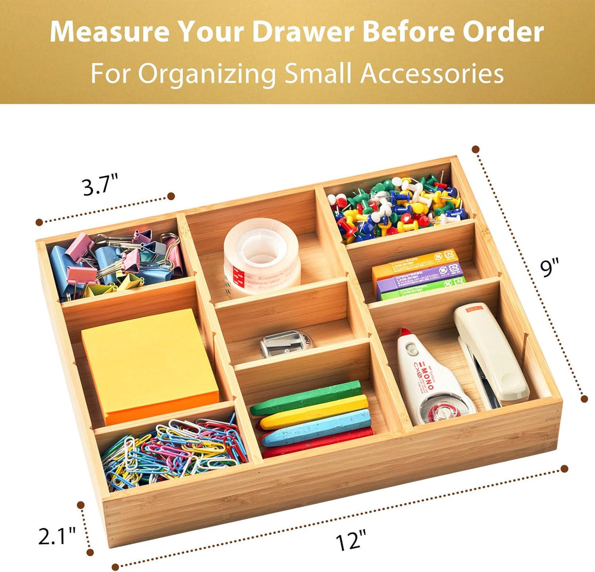 Umilife Desk Drawer Organizer, Bamboo Wood Organizer Tray with Adjustable Compartments, Office Desk