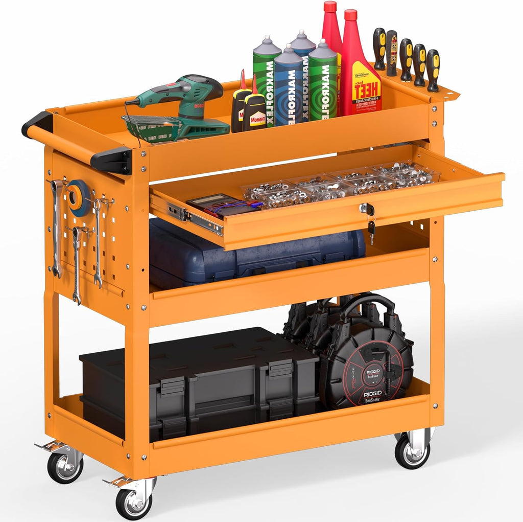 3 Tier Rolling Tool Cart on Wheels, Heavy Duty Service Cart Industrial Utility Cart with Drawer and