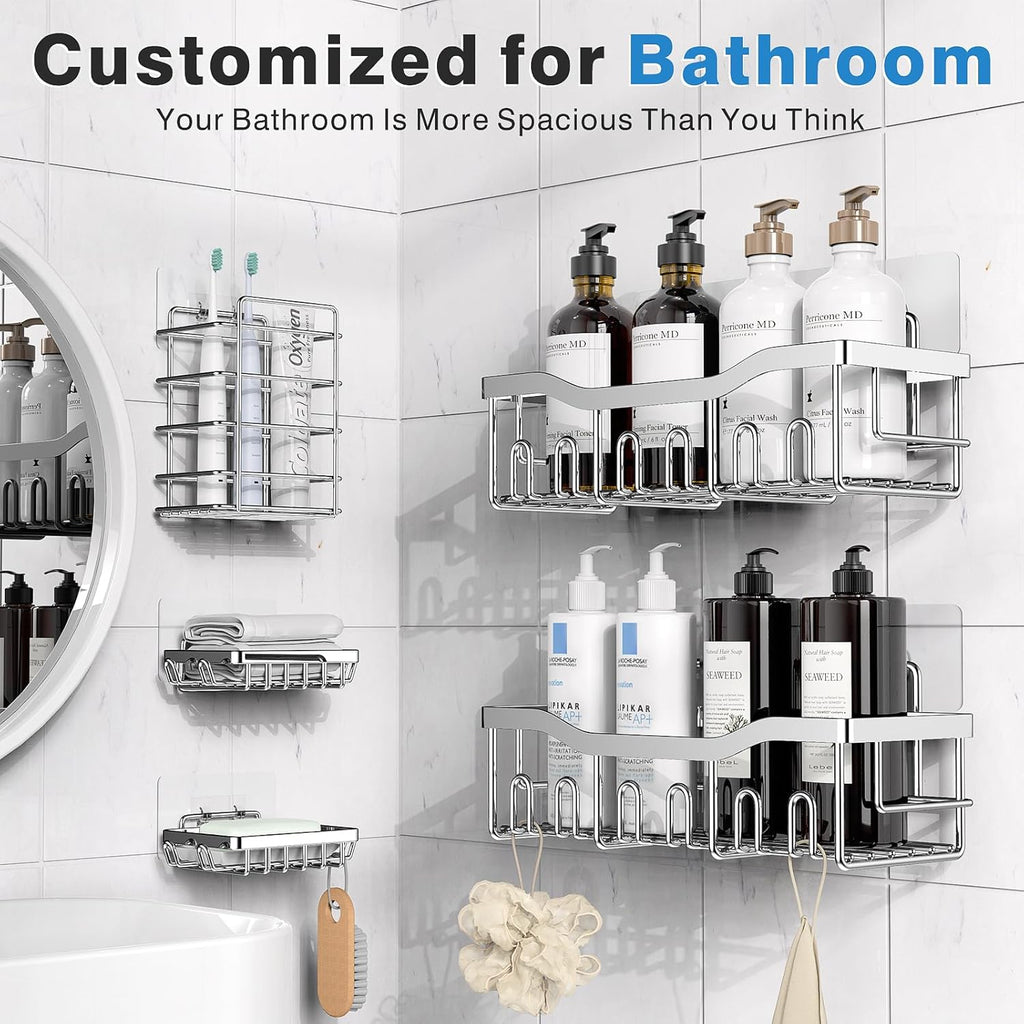 EUDELE 5-Pack Rustproof Stainless Steel Shower Caddy – No Drill Adhesive Bathroom Organizer with