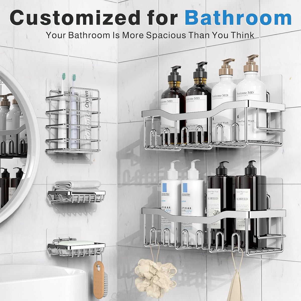 EUDELE 5-Pack Rustproof Stainless Steel Shower Caddy – No Drill Adhesive Bathroom Organizer with