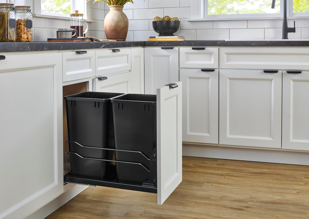 Rev-A-Shelf Double Pullout Trash Can for Base Kitchen Cabinets 27 Quart 12.5 Gallon with Soft-Close