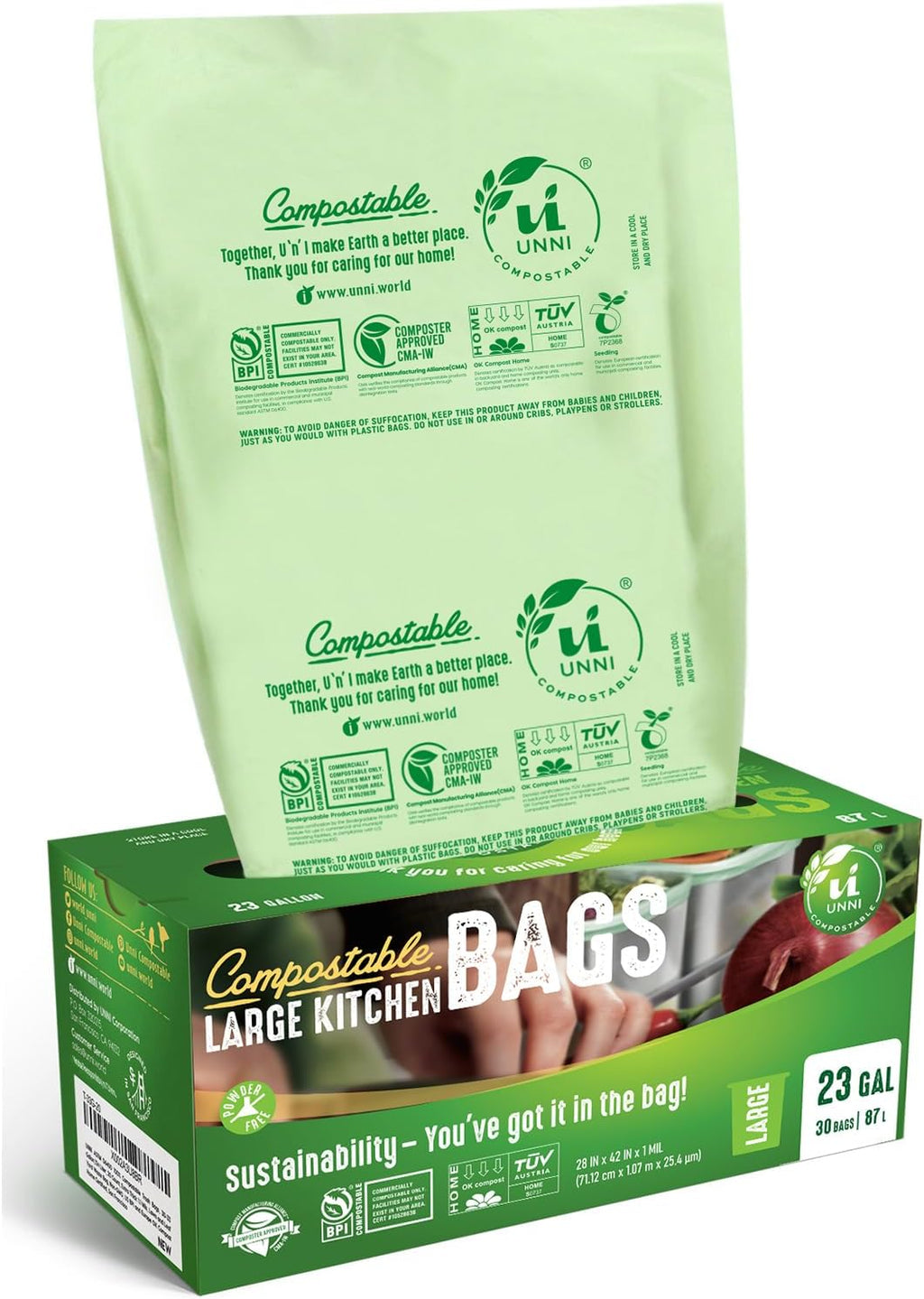 UNNI Compostable Trash Bags, 20-23 Gallon / 87 Liter, 30 Count, Extra Thick 1.0 mil Large Bin
