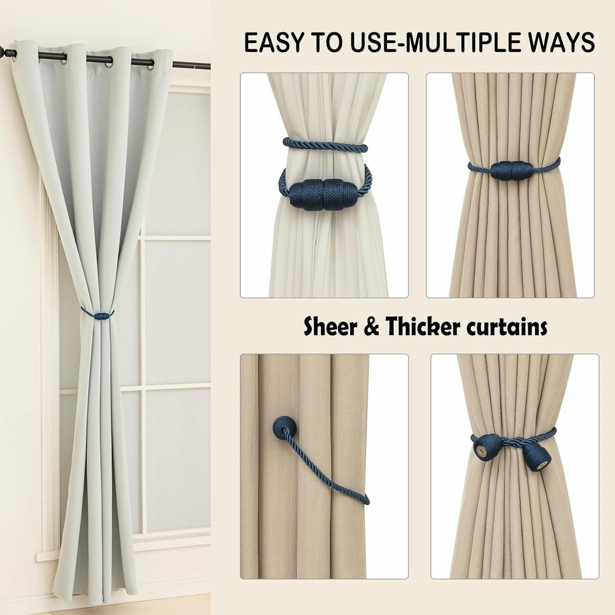 Magnetic Curtain Tiebacks Rope Tie Backs 6 Pack Curtains Holders for Drapes Decorative Window