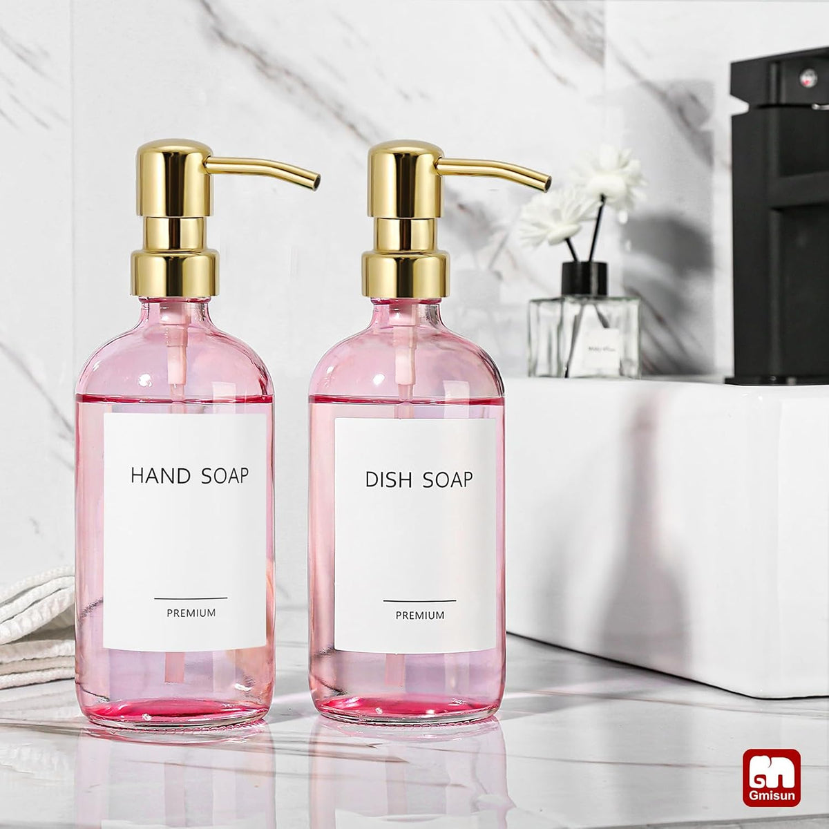 GMISUN Pink Soap Dispenser Bathroom, 2 Pack Kitchen Hand and Dish Soap Dispensers Set, 17 Fl Oz