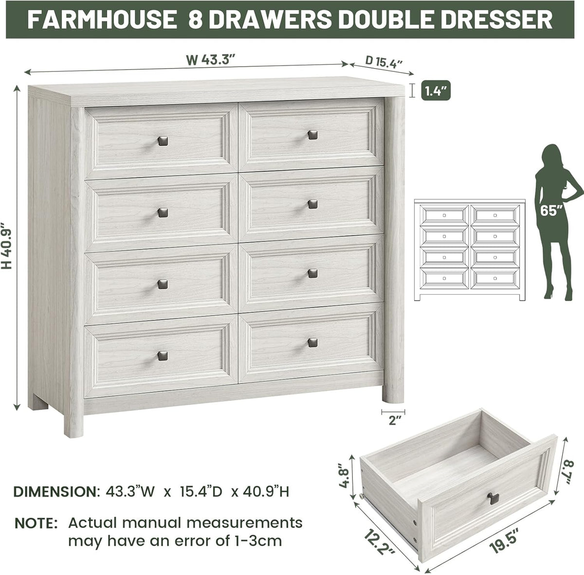 41" Tall White Dresser, Farmhouse 8 Drawers Dressers for Bedroom, Vertical Chest of Drawers for